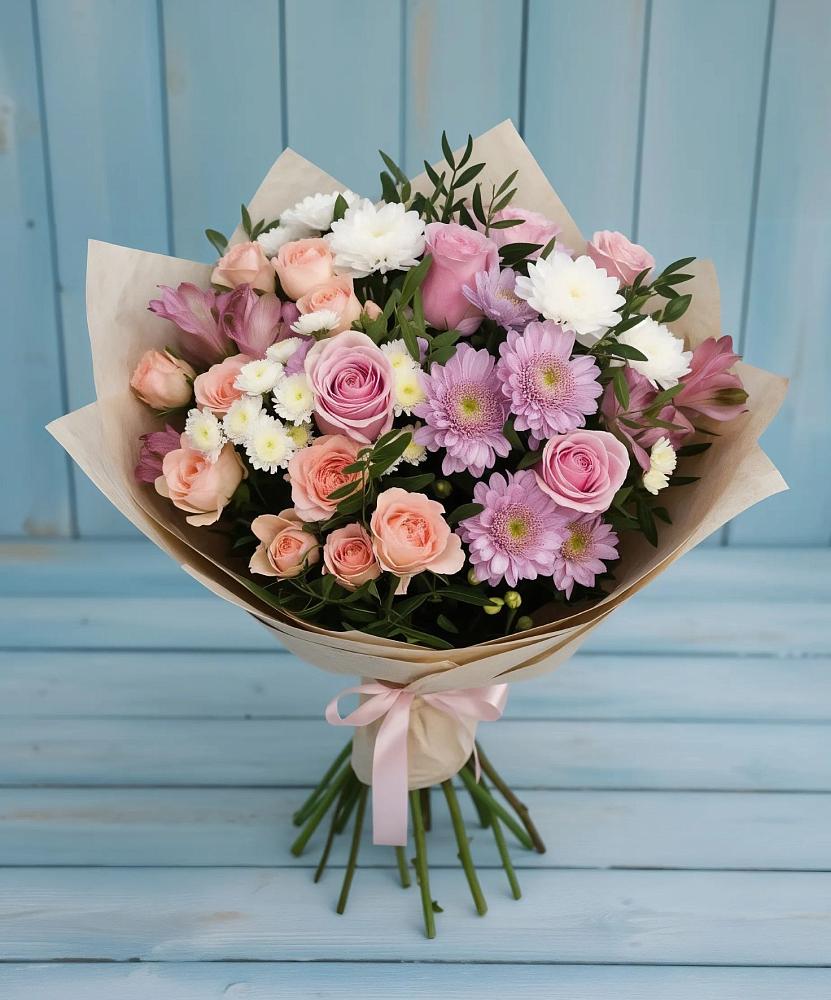 Букет цветов из: Хризантемы, Розы и Альстромерии в Константиново Сергиево-Посадского района