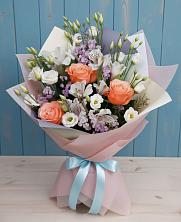 Букет цветов из:  Лизиантусы, Розы, Альстромерии и Гипсофила в Константиново Сергиево-Посадского района