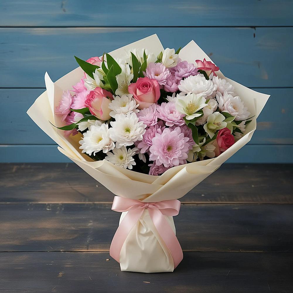 Букет цветов из: Хризантемы, Альстромерии и Розы в Константиново Сергиево-Посадского района